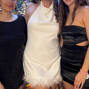 White Bridal Halter Neckline Mini Dress with Feather Trim - Size L